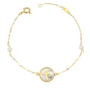18K PULSERA ORO AMARILLO NACAR CON CRUZ 12 MM Y BOLAS JADE 4 MM CADENA 18 2.5 CM