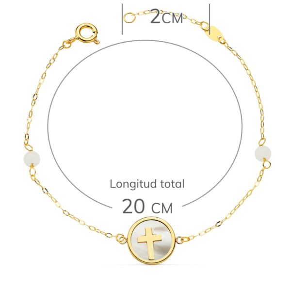 18K PULSERA ORO AMARILLO NACAR CON CRUZ 12 MM Y BOLAS JADE 4 MM CADENA 18 2.5 CM - Imagen 2