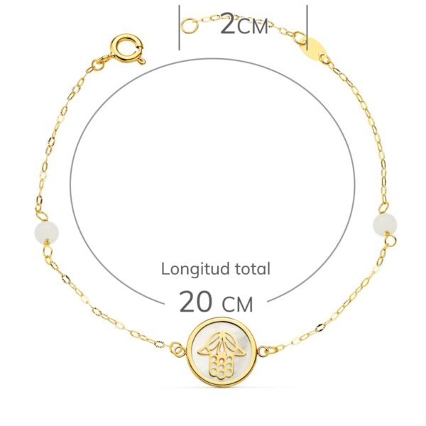 18K PULSERA ORO AMARILLO NACAR CON MANO DE FATIMA 12 MM Y BOLAS JADE 4 MM CADENA 18 2.5 CM - Imagen 2