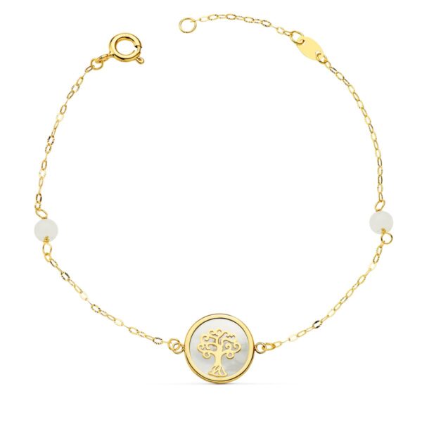 18K PULSERA ORO AMARILLO NACAR CON ARBOL DE LA VIDA 12 MM Y BOLAS JADE 4 MM CADENA 18 2.5 CM