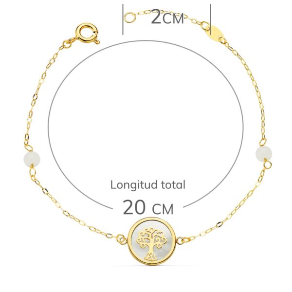 18K PULSERA ORO AMARILLO NACAR CON ARBOL DE LA VIDA 12 MM Y BOLAS JADE 4 MM CADENA 18 2.5 CM - Imagen 2