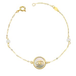 18K PULSERA ORO AMARILLO NACAR CON OJO TURCO 12 MM Y BOLAS JADE 4 MM CADENA 18 2.5 CM