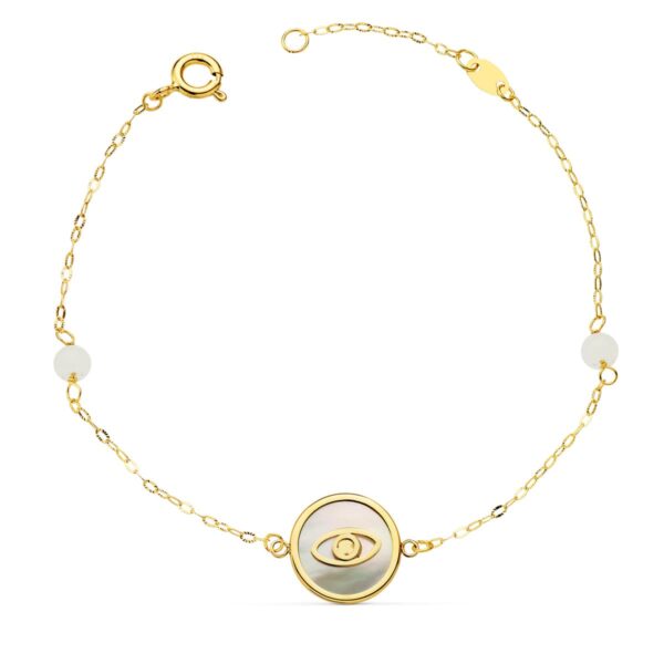 18K PULSERA ORO AMARILLO NACAR CON OJO TURCO 12 MM Y BOLAS JADE 4 MM CADENA 18 2.5 CM