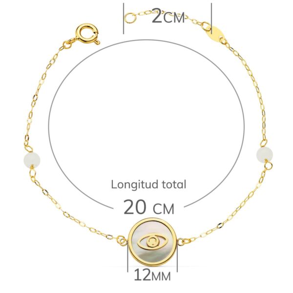 18K PULSERA ORO AMARILLO NACAR CON OJO TURCO 12 MM Y BOLAS JADE 4 MM CADENA 18 2.5 CM - Imagen 2