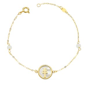 18K PULSERA ORO AMARILLO NACAR CON CRUZ CARAVACA 12 MM Y BOLAS JADE 4 MM CADENA 18 2.5 CM