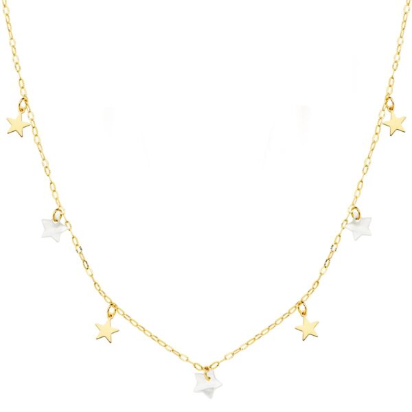 18K GARGANTILLA ORO AMARILLO ESTRELLAS LISAS Y NACAR 5.5 MM CADENA FORZADA 45CM