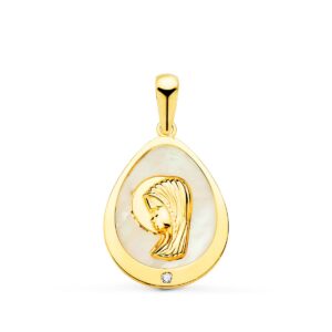 18K MEDALLA ORO AMARILLO VIRGEN NIÑA LAGRIMA CON NACAR Y CIRCONITA 15X12 MM