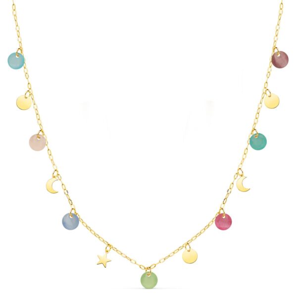 18K GARGANTILLA AMARILLO PLACA CHAPAS FORMAS 5 MM Y PIEDRAS 5 MM CADENA FORZADA 45CM