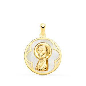 18K MEDALLA ORO AMARILLO REDONDA CON NACAR BLANCO Y VIRGEN NIÑA. 18 MM