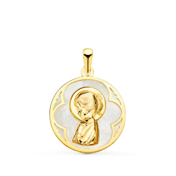18K MEDALLA ORO AMARILLO REDONDA CON NACAR BLANCO Y VIRGEN NIÑA. 18 MM