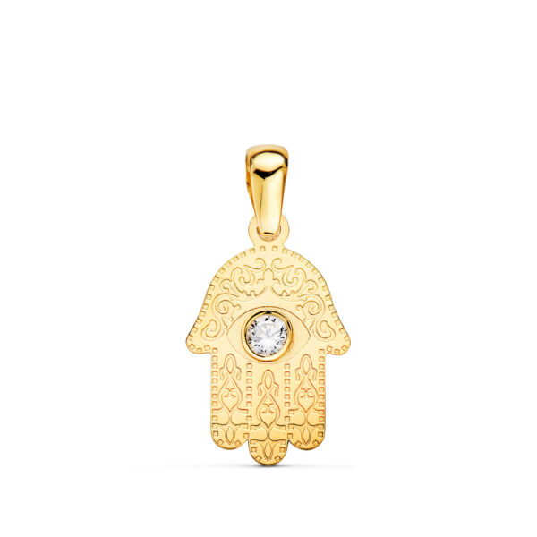 18K COLGANTE ORO AMARILLO MANO DE FATIMA TALLADA CIRCONITA 15 X 9MM