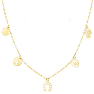 18K GARGANTILLA ORO AMARILLO CON COLGANTES DE LA SUERTE CADENA FORZADA 42 3 CM