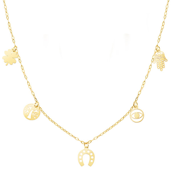 18K GARGANTILLA ORO AMARILLO CON COLGANTES DE LA SUERTE CADENA FORZADA 42 3 CM