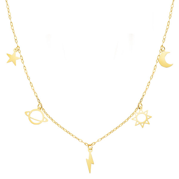 18K GARGANTILLA ORO AMARILLO CON COLGANTES UNIVERSO CADENA FORZADA TALLADA 42 3 CM