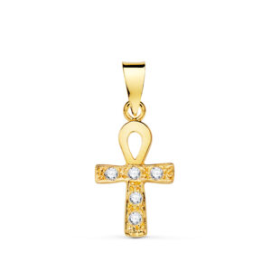 18K CRUZ DE LA VIDA ORO AMARILLO CON CIRCONITA BLANCAS. 14 X 10 MM