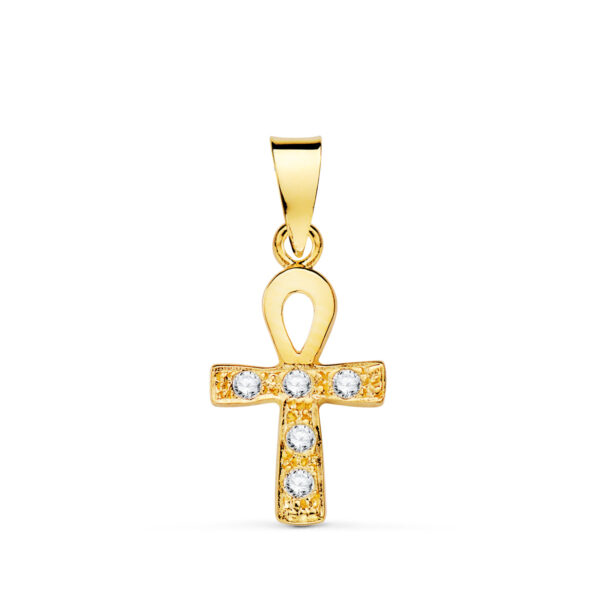 18K CRUZ DE LA VIDA ORO AMARILLO CON CIRCONITA BLANCAS. 14 X 10 MM