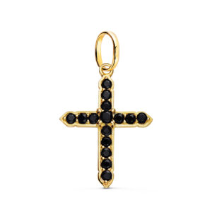 18K CRUZ ORO AMARILLO CON 15 CIRCONITA NEGRAS EN GARRAS. 24 X 18 MM