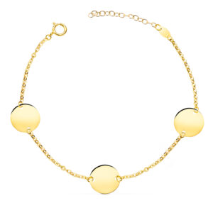 18K PULSERA ORO AMARILLO 3 DISCOS EN BRILLO REDONDOS DE 12 MM. LARGO: 18 3 CM