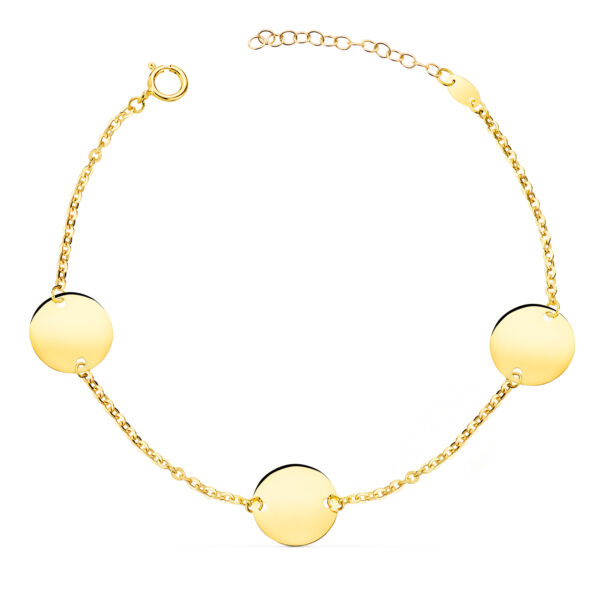 18K PULSERA ORO AMARILLO 3 DISCOS EN BRILLO REDONDOS DE 12 MM. LARGO: 18 3 CM