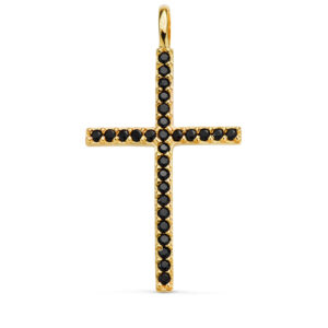 18K CRUZ ORO AMARILLO CON CIRCONITA NEGRAS 37 X 19 MM. ANILLA FIJA