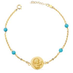 18K PULSERA ORO AMARILLO MEDALLA ANGELITO 14 MM Y BOLAS TURQUESAS. LARGO: 19 3 CM
