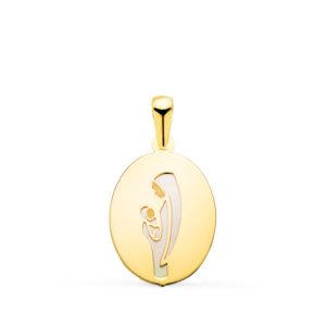 18K MEDALLA ORO AMARILLO VIRGEN MADRE OVAL CON NACAR BLANCO EN BRILLO. MEDIDA: 15X12 MM