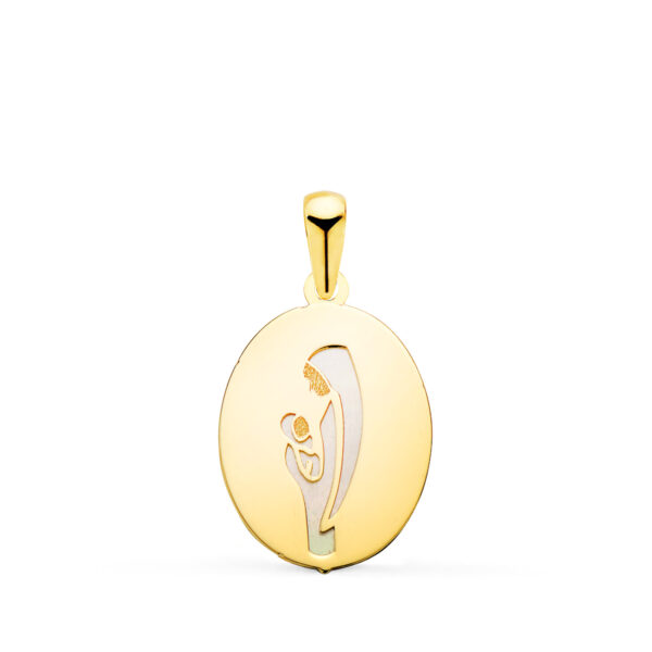 18K MEDALLA ORO AMARILLO VIRGEN MADRE OVAL CON NACAR BLANCO EN BRILLO. MEDIDA: 15X12 MM