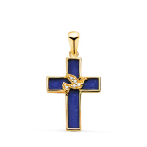 18K CRUZ ORO AMARILLO LAPIZLAZULI Y PAJARO CON CIRCONITAS. MEDIDA: 19 X 12,5 MM