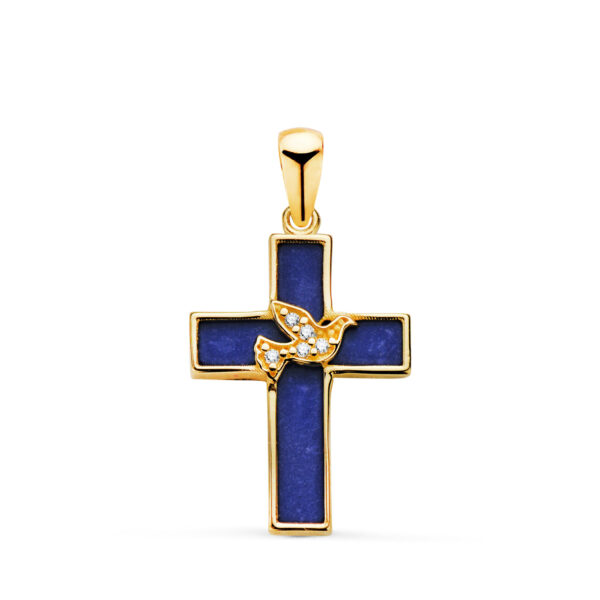 18K CRUZ ORO AMARILLO LAPIZLAZULI Y PAJARO CON CIRCONITAS. MEDIDA: 19 X 12,5 MM