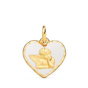 18K MEDALLA ORO AMARILLO CORAZON ANGELITO BURLON ESMALTE BLANCO 14 MM
