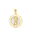 18K MEDALLA ORO AMARILLO VIRGEN NIÑA ESMALTE BLANCO Y CERCO CALADO EN BRILLO 20X18 MM