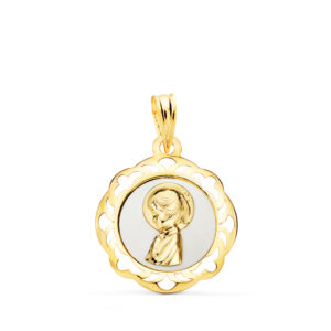 18K MEDALLA ORO AMARILLO VIRGEN NIÑA ESMALTE BLANCO Y CERCO CALADO EN BRILLO 20X18 MM