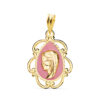 18K MEDALLA ORO AMARILLO VIRGEN NIÑA ESMALTE ROSA Y CERCO CALADO EN BRILLO 22X16 MM