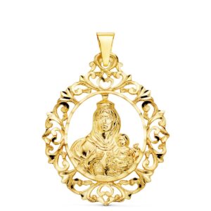18K MEDALLA ORO AMARILLO VIRGEN DEL CARMEN ORLA FILIGRANA 37X30 MM