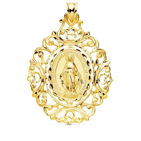 18K MEDALLA ORO AMARILLO VIRGEN DE LA MILAGROSA CERCO 46X35 MM