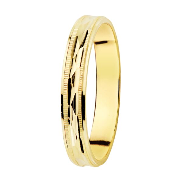 18K ALIANZA ORO AMARILLO TALLADA Y BORDES ESTRIADOS. ANCHO: 3 MM. TALLA: 31