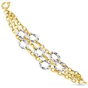 18K PULSERA ORO BICOLOR TRIPLE CADENA HUECA MOTIVOS REDONDOS 20CM