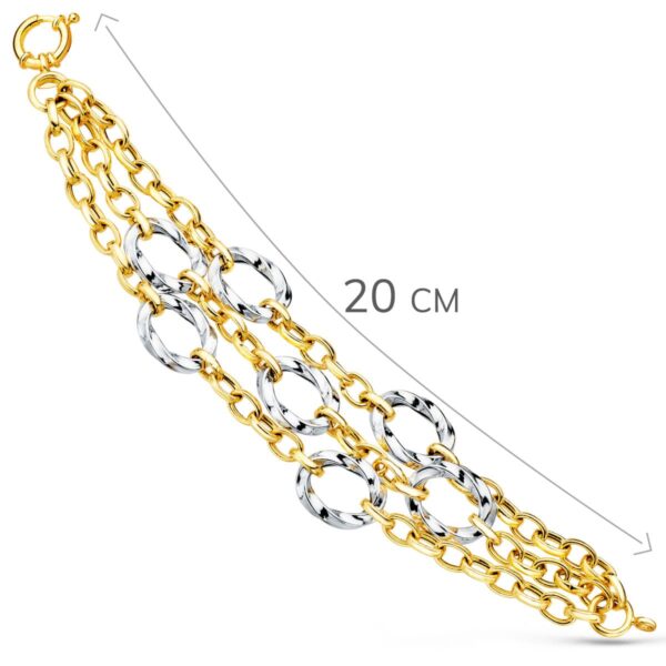 18K PULSERA ORO BICOLOR TRIPLE CADENA HUECA MOTIVOS REDONDOS 20CM - Imagen 2