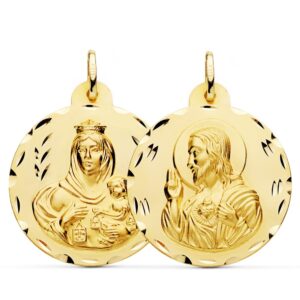 18K ESCAPULARIO ORO AMARILLO TALLADO VIRGEN DEL CARMEN CORAZON DE JESUS 30 MM