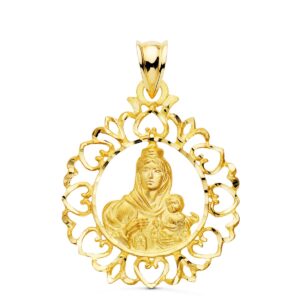 18K MEDALLA ORO AMARILLO VIRGEN DEL CARMEN CERCO ORLA CON CORAZONES 30X25 MM