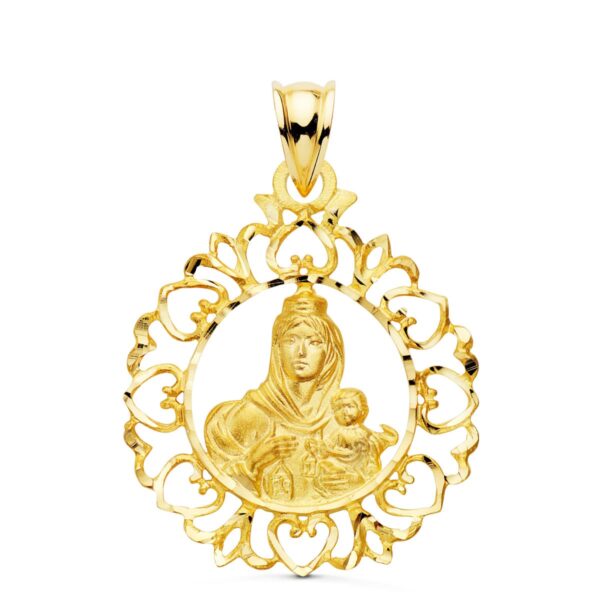 18K MEDALLA ORO AMARILLO VIRGEN DEL CARMEN CERCO ORLA CON CORAZONES 30X25 MM