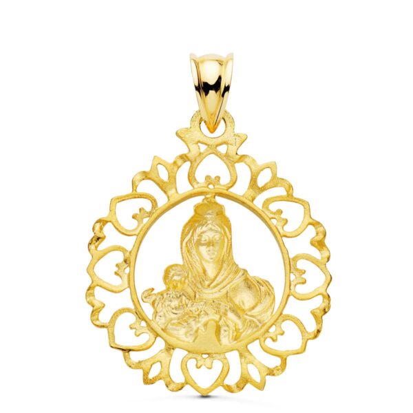 18K MEDALLA ORO AMARILLO VIRGEN DEL CARMEN CERCO ORLA CON CORAZONES 30X25 MM - Imagen 2
