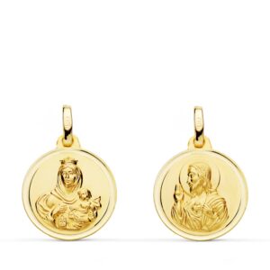 18K ESCAPULARIO ORO AMARILLO BISEL ORO AMARILLO VIRGEN DEL CARMEN CORAZON DE JESUS 16 MM