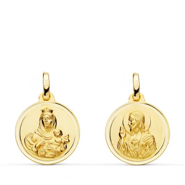 9K ESCAPULARIO ORO AMARILLO BISEL ORO AMARILLO VIRGEN DEL CARMEN CORAZON DE JESUS 16 MM