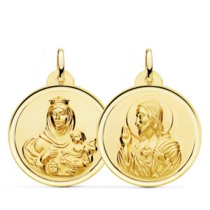 18K ESCAPULARIO ORO AMARILLO VIRGEN DEL CARMEN CORAZON DE JESUS BISEL 26 MM