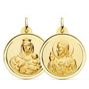 18K ESCAPULARIO ORO AMARILLO BISEL ORO AMARILLO VIRGEN CARMEN Y CORAZON DE JESUS 28 MM