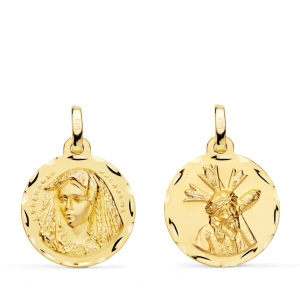 18K ESCAPULARIO ORO AMARILLO VIRGEN MACARENA Y GRAN PODER TALLADA 18 MM