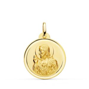 18K MEDALLA ORO AMARILLO CRISTO SAGRADO CORAZON DE JESUS BISEL 22 MM