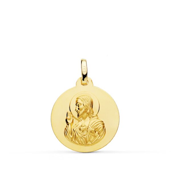 18K MEDALLA ORO AMARILLO CRISTO SAGRADO CORAZON DE JESUS LISO 18 MM