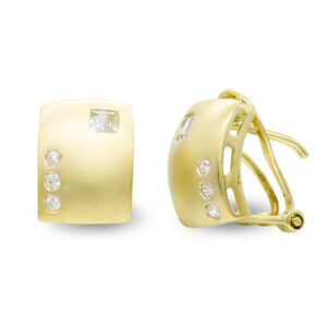 18K PENDIENTES ORO AMARILLO CUADROS MATE Y BRILLO Y CIRCONITA CIERRE OMEGA